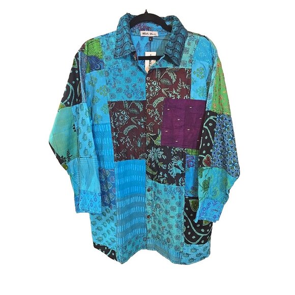 Turquoise Patchwork Unisex Boho Vintage Style Shirt button up front size L New - Picture 1 of 13